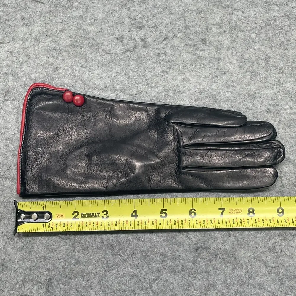 NEW Vtg Luxury Italian Soft Leather Gloves Black w/Red Trim Silk Lined Size 7.5